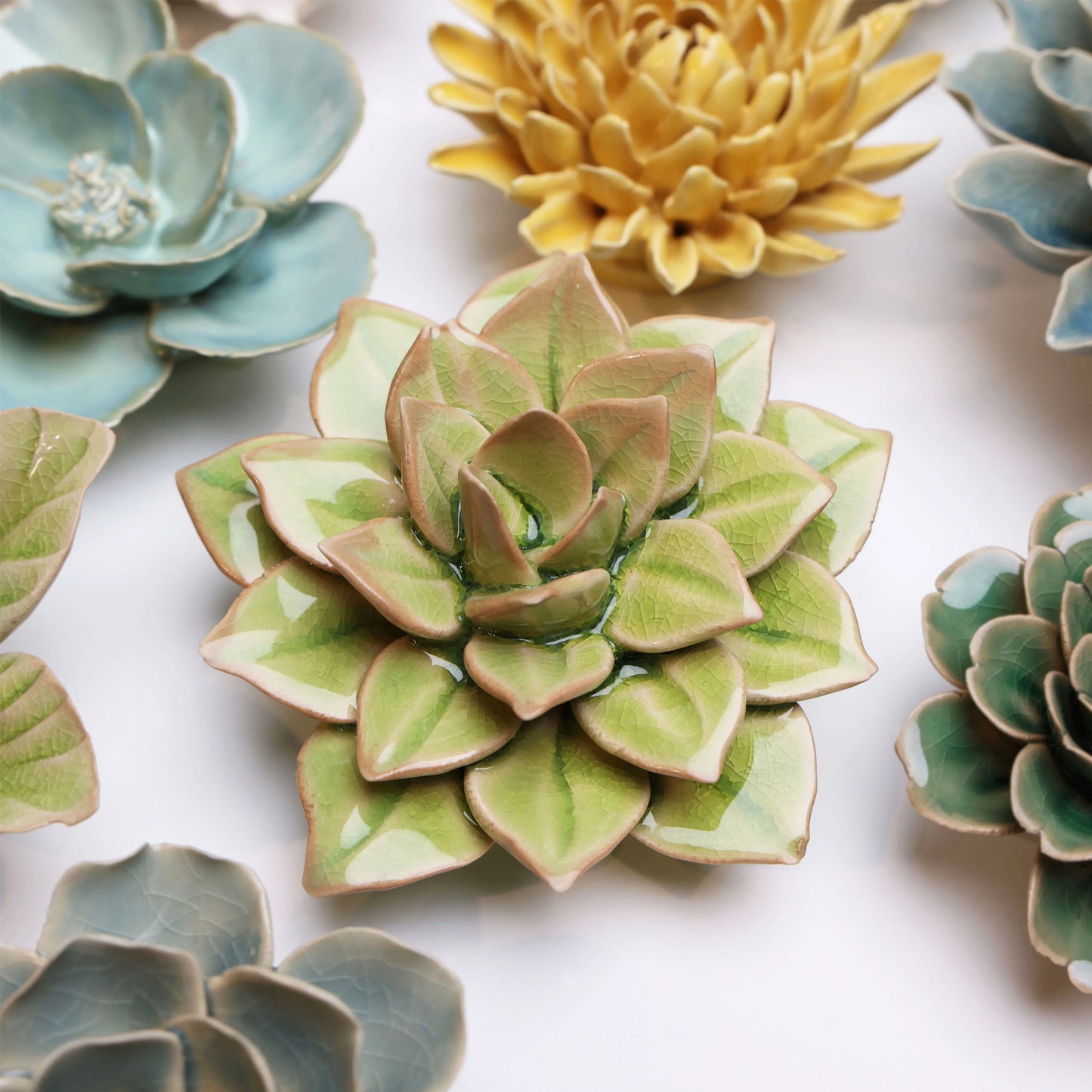 Ceramic flower Wall Art Green Succulent Flower Medium