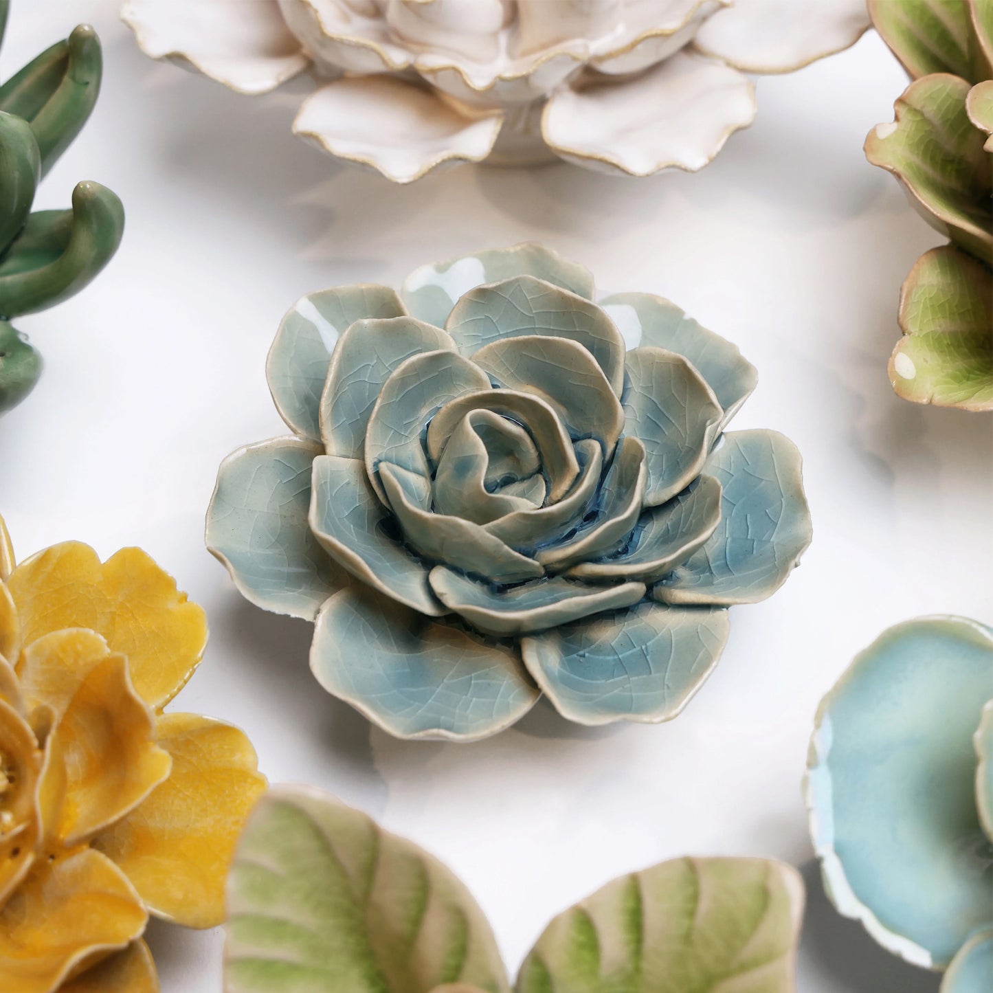 Ceramic flower Wall Art Teal Ranunculus Small